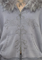 FERAL FAUX FUR STUDDED ZIP HOODIE WASHED GREY (DETACHABLE FUR)