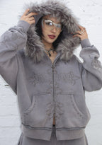 FERAL FAUX FUR STUDDED ZIP HOODIE WASHED GREY (DETACHABLE FUR)