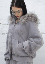 FERAL FAUX FUR STUDDED ZIP HOODIE WASHED GREY (DETACHABLE FUR)