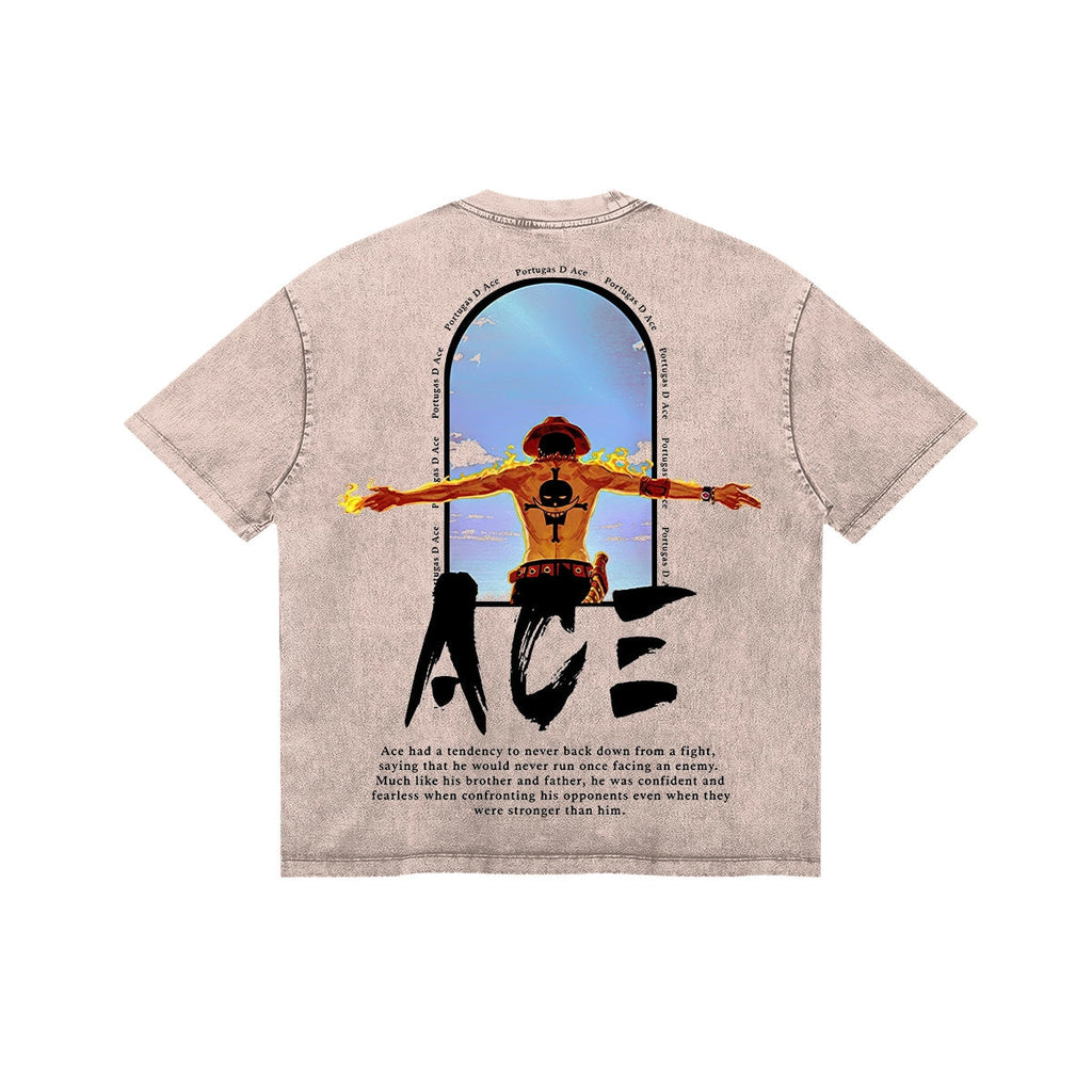 One Piece Ace Anime Print T-Shirt  Pure Cotton Washed Short-Sleeve Top Cartoon Graphic Style