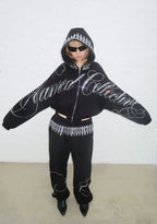 ENEMY RHINESTONE CROP ZIP HOODIE BLACK