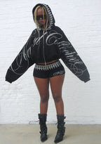 ENEMY RHINESTONE CROP ZIP HOODIE BLACK