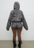 ENEMY RHINESTONE CROP ZIP HOODIE TREE CAMO