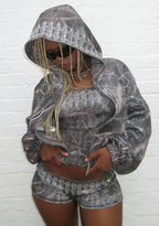 ENEMY RHINESTONE CROP ZIP HOODIE TREE CAMO
