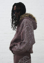 FALLEN FAUX FUR RHINESTONE ZIP HOODIE BROWN (DETACHABLE FUR)