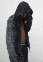 FALLEN FAUX FUR RHINESTONE ZIP HOODIE WASHED BLACK (DETACHABLE FUR)
