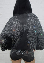 FALLEN FAUX FUR RHINESTONE ZIP HOODIE WASHED BLACK (DETACHABLE FUR)