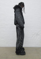 FALLEN FAUX FUR RHINESTONE ZIP HOODIE WASHED BLACK (DETACHABLE FUR)
