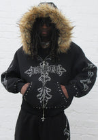 FERAL FAUX FUR STUDDED ZIP HOODIE BLACK (DETACHABLE FUR)