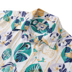 Striped Base Fabric with Vintage Tropical Flower Print Short-Sleeved Hawaiian Shirt