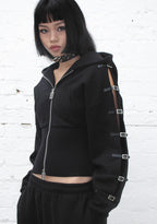 CRUSH BUCKLE FITTED WAIST ZIP HOODIE BLACK