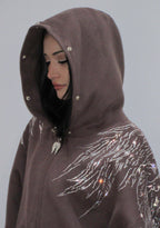 FALLEN FAUX FUR RHINESTONE ZIP HOODIE BROWN (DETACHABLE FUR)
