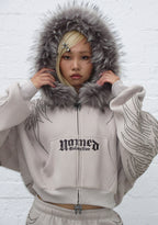 FALLEN FAUX FUR STUDDED CROP ZIP HOODIE BONE (DETACHABLE FUR)