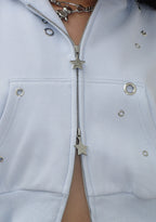 GLITCH EYELET CROP ZIP HOODIE BABY BLUE