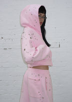 GLITCH EYELET CROP ZIP HOODIE BABY PINK