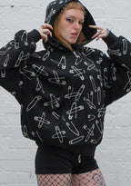 HEIST RHINESTONE SAFETY PIN ZIP HOODIE BLACK