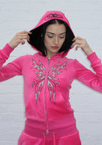 IDOL RHINESTONE VELOUR FITTED ZIP HOODIE HOT PINK