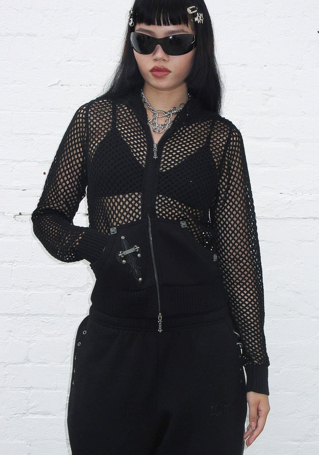 MIDNIGHT MESH KNIT HOODIE BLACK