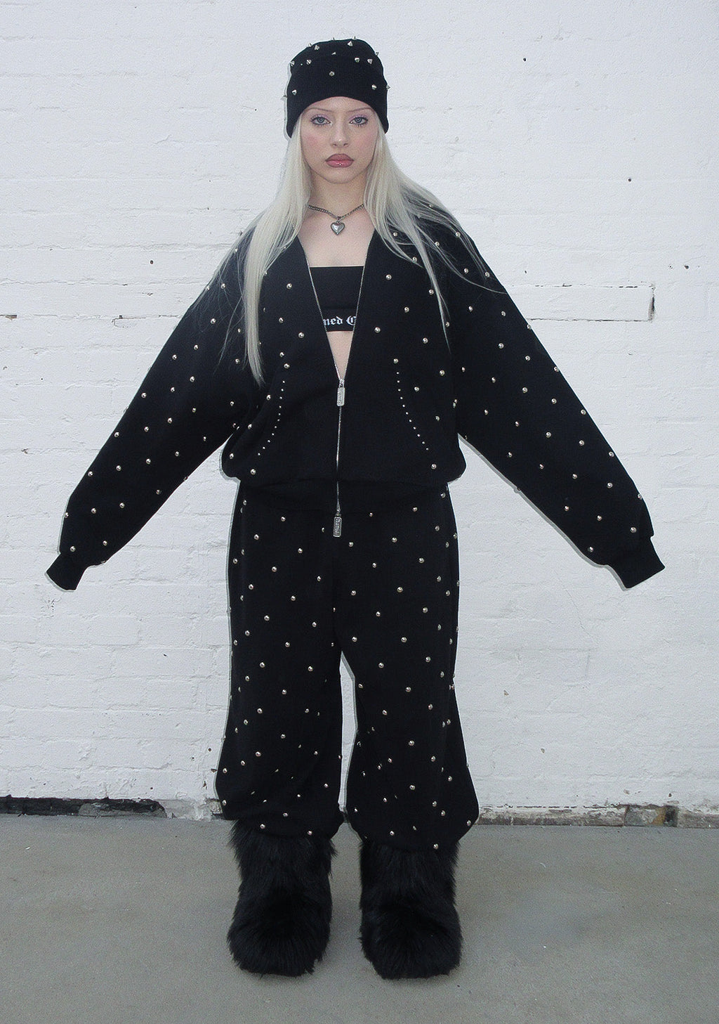 NOVA STUDDED POLKA DOT ZIP HOODIE BLACK