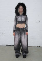 OFF GRID FAUX FUR DENIM EFFECT FITTED ZIP HOODIE WASHED BLACK (DETACHABLE FUR)
