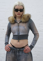 OFF GRID FAUX FUR DENIM EFFECT FITTED ZIP HOODIE WASHED BLUE (DETACHABLE FUR)
