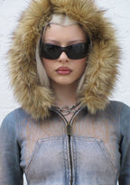 OFF GRID FAUX FUR DENIM EFFECT FITTED ZIP HOODIE WASHED BLUE (DETACHABLE FUR)