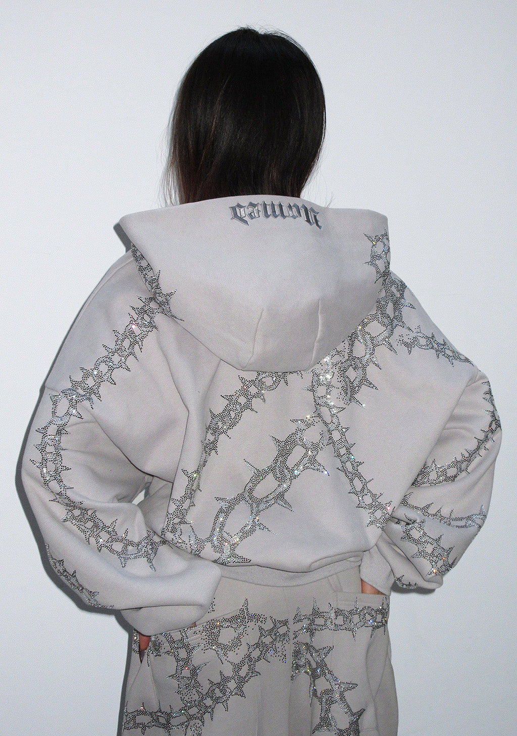 OMEN RHINESTONE ZIP HOODIE SMOKE GREY