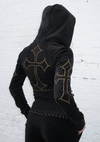 REBEL STUDDED VELOUR ZIP HOODIE BLACK