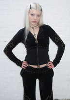 REBEL STUDDED VELOUR ZIP HOODIE BLACK