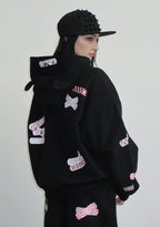 STITCH TEDDY ZIP HOODIE BLACK