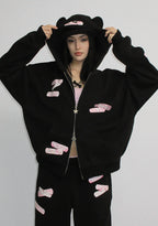 STITCH TEDDY ZIP HOODIE BLACK